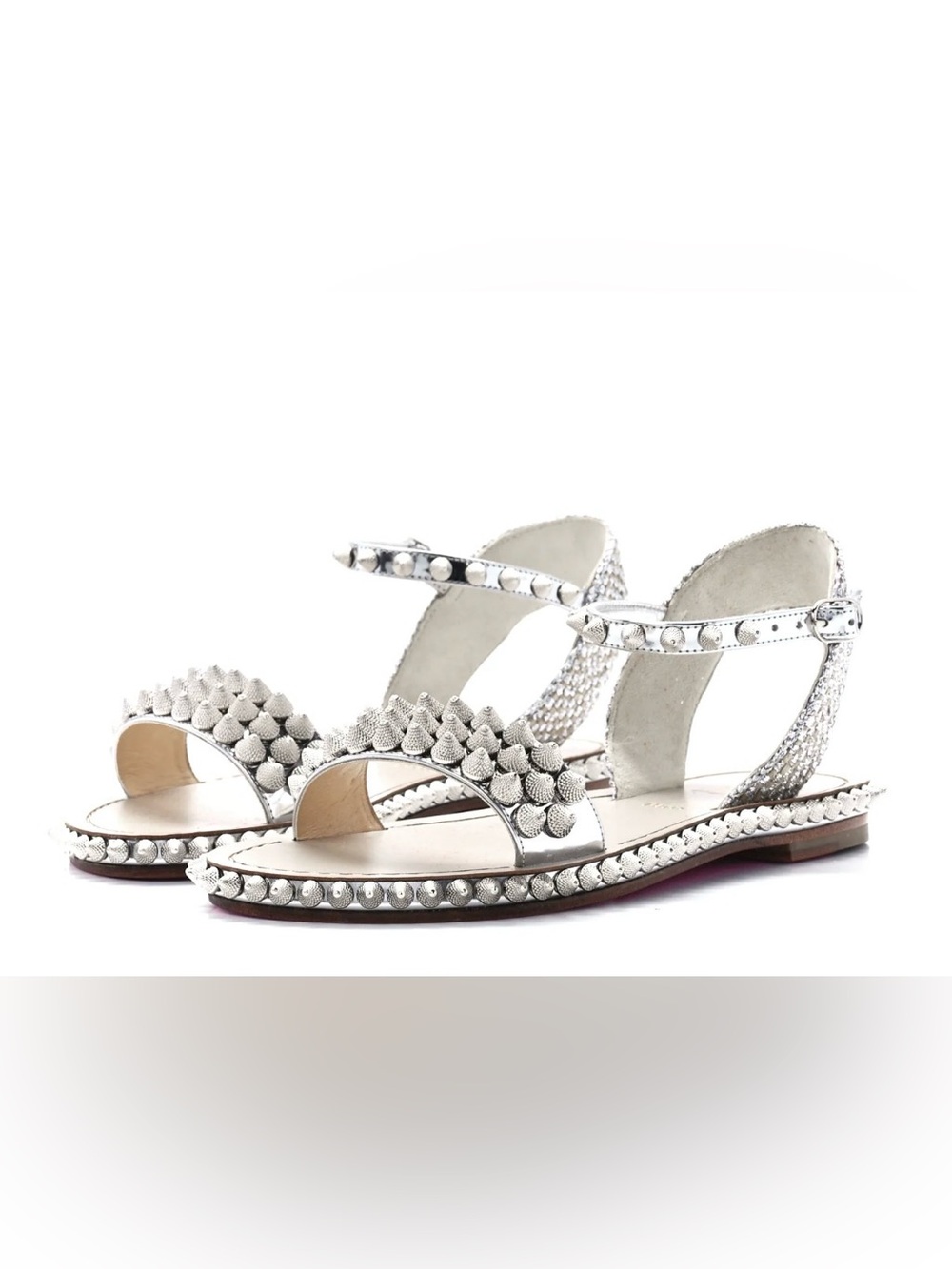 Christian Louboutin Silver Studded Leather Ankle-Strap Sandals size 40